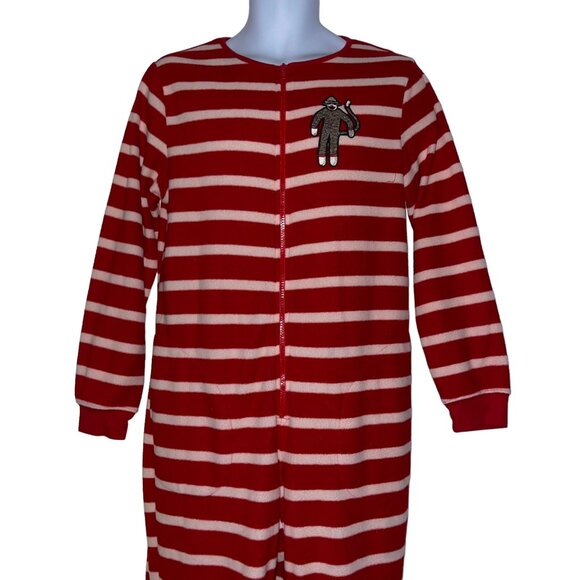 Nick & Nora Red Sock Monkey Pajamas Womens M Footie Unionsuit PJs Costume Stripe - Picture 2 of 8